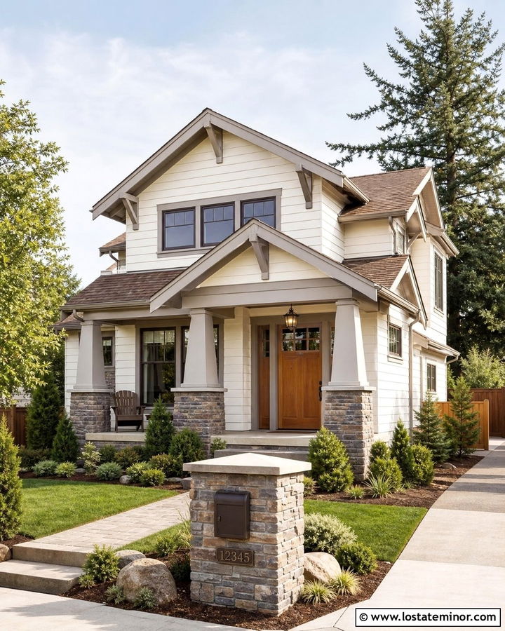 Warm White Craftsman With Stone Mailbox - 30 Warm White House Design With Mailbox Ideas