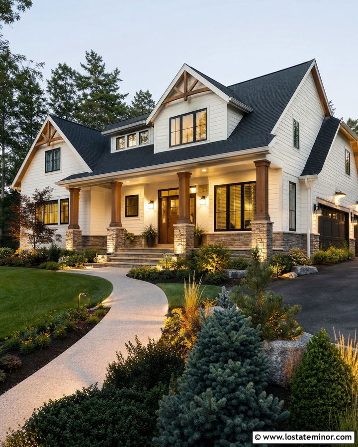 Warm White Craftsman With Stone Uplighting - 30 Warm White House Design With Lighting Ideas