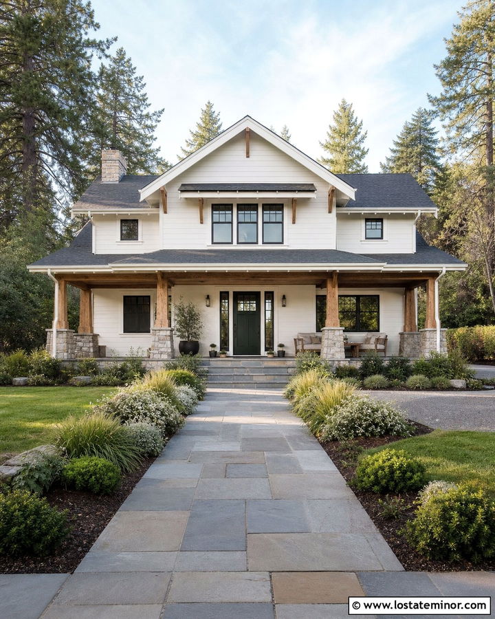 Warm White Craftsman With Stone Walkway - 30 Warm White House Design With Walkway Ideas