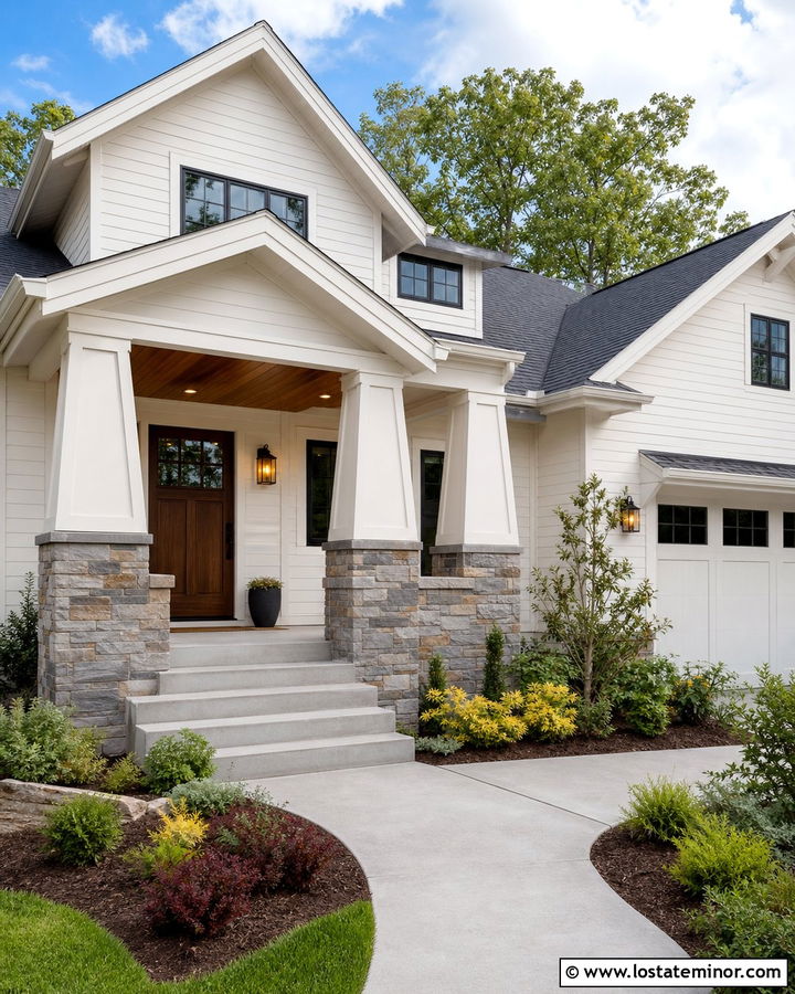 Warm White Craftsman With Tapered Porch Columns - 30 Warm White House Design With Porch Columns Ideas