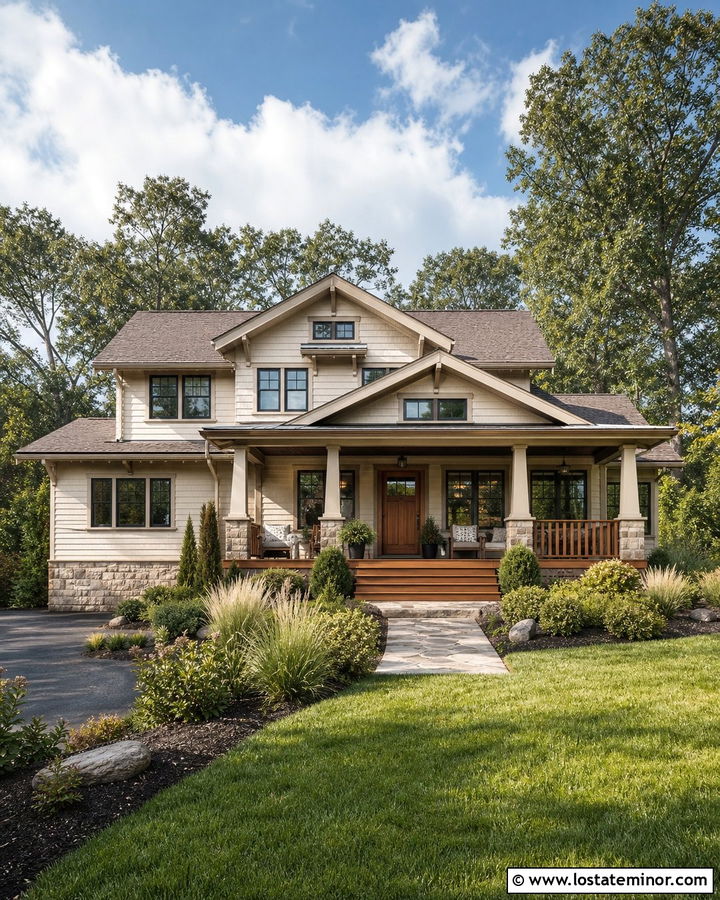 Warm White Craftsman With Walnut Deck - 30 Warm White House Design With Deck Ideas