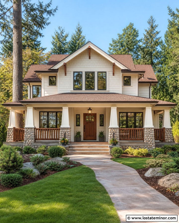 Warm White Craftsman With Wood Porch Railings - 30 Warm White House Design With Railings Ideas