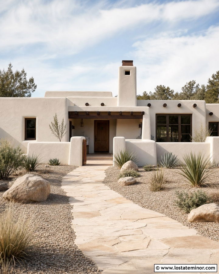 Warm White Desert House With Adobe Chimney - 30 Warm White House Design With Chimney Ideas
