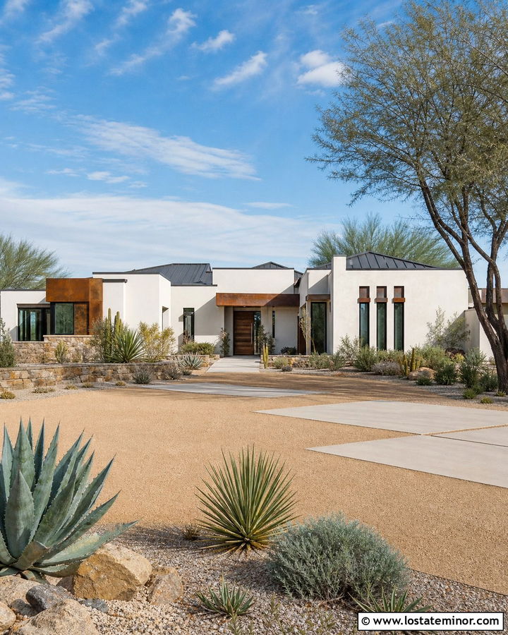Warm White Desert House With Decomposed Granite Driveway - 30 Warm White House Design With Driveway Ideas