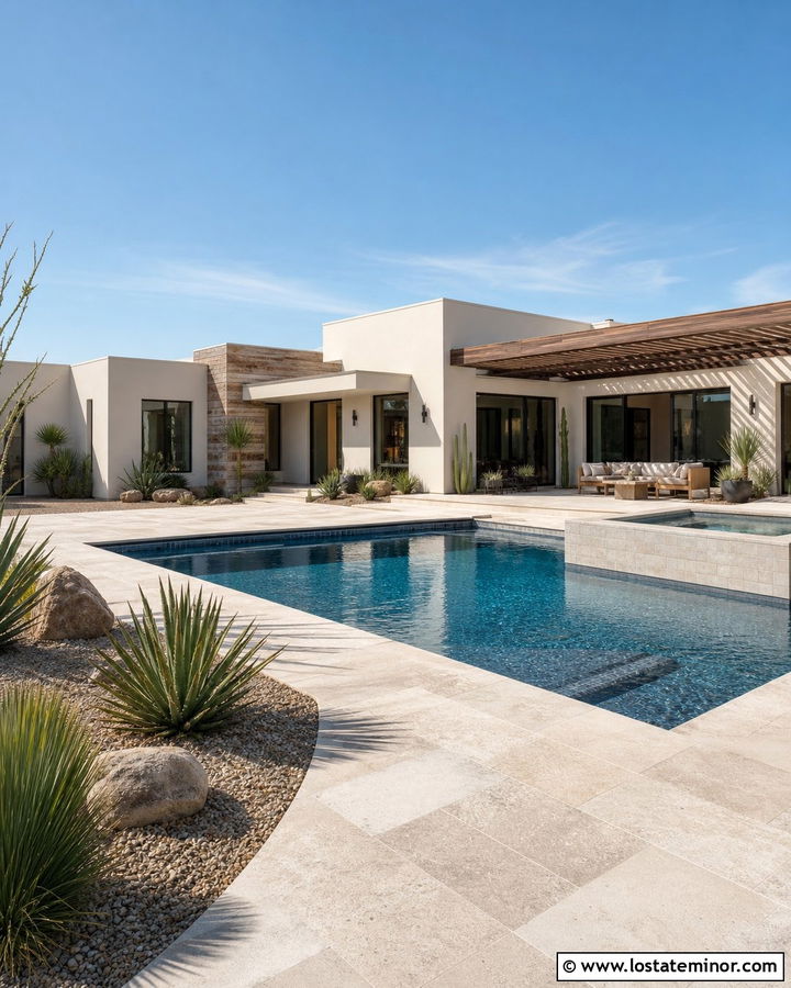 Warm White Desert House With Geometric Pool - 30 Warm White House Design With Swimming Pool Ideas