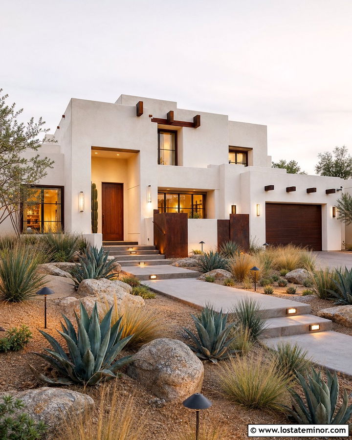 Warm White Desert House With Low Landscape Lighting - 30 Warm White House Design With Lighting Ideas