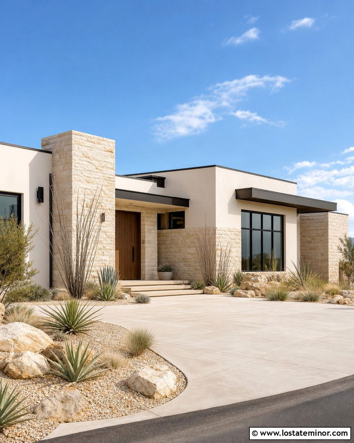 Warm White Desert House With Sandstone - 30 Warm White House Design With Stone Accents Ideas