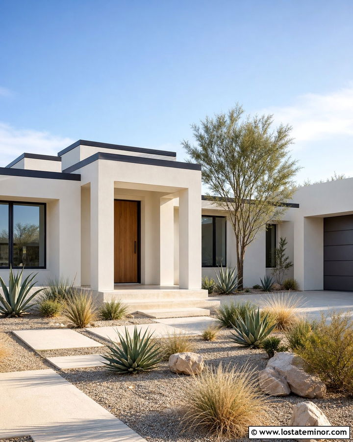 Warm White Desert House With Simple Stucco Columns - 30 Warm White House Design With Porch Columns Ideas