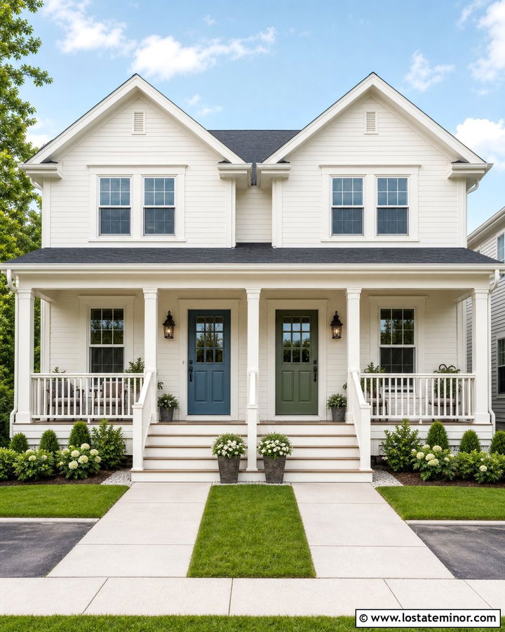Warm White Duplex With Matching Porch Ceiling - 30 Warm White House Design With Porch Ceiling Ideas