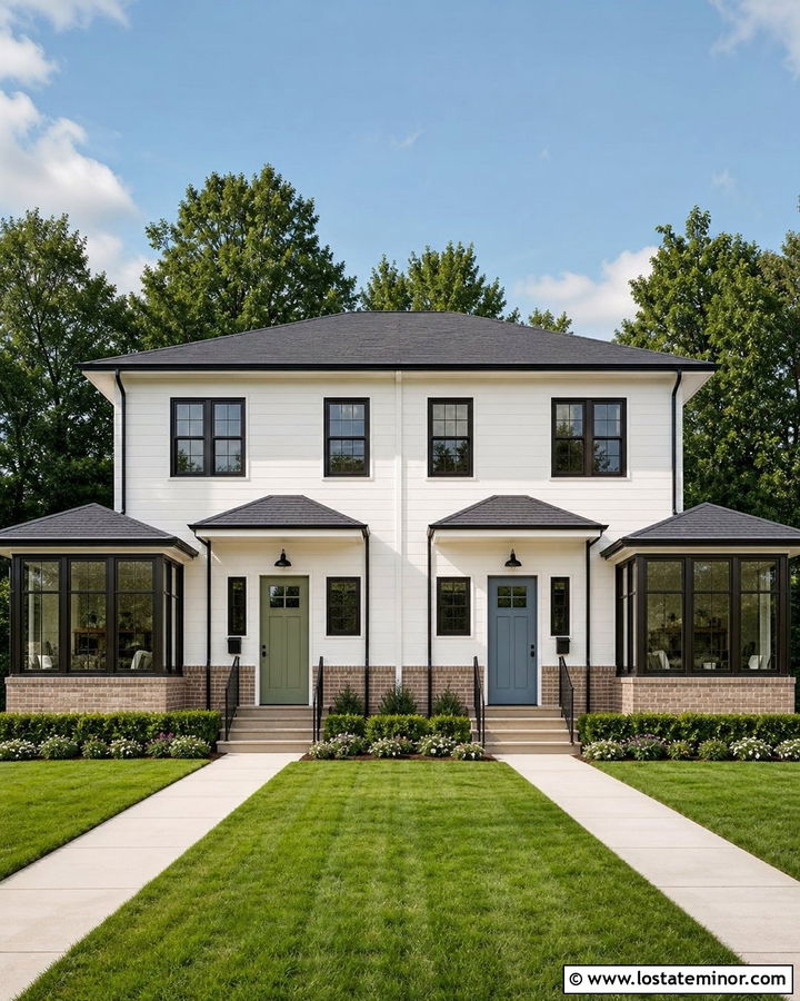 Warm White Duplex With Matching Sunrooms - 30 Warm White House Design With Sunroom Ideas