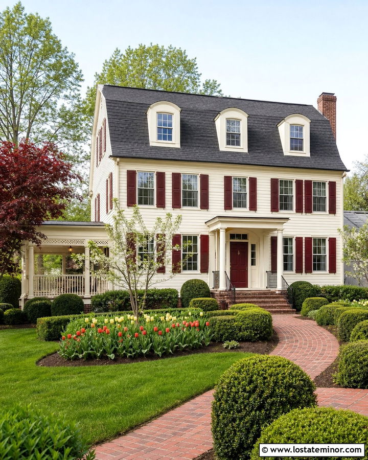 Warm White Dutch Colonial House With Burgundy Shutters - 30 Warm White House Design With Shutters Ideas