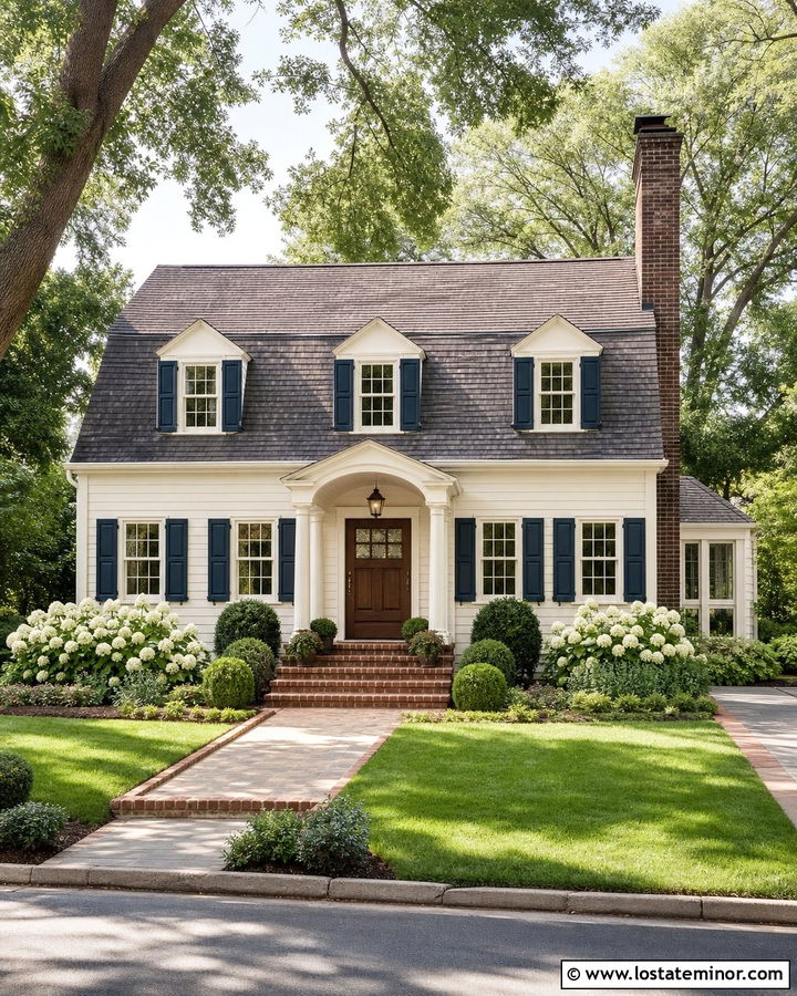 Warm White Dutch Colonial With Brown Brick Chimney - 30 Warm White House Design With Chimney Ideas