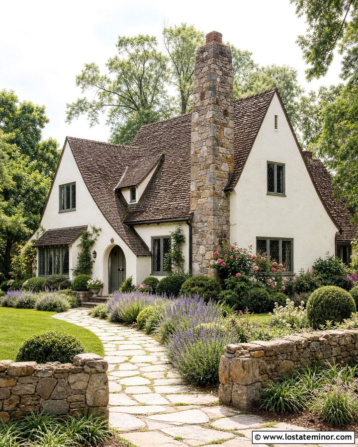 Warm White English Cottage With Rubble Stone Chimney - 30 Warm White House Design With Chimney Ideas