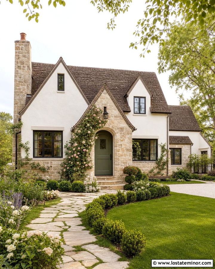 Warm White English Cottage With Stone Facade - 30 Warm White House Design With Stone Accents Ideas