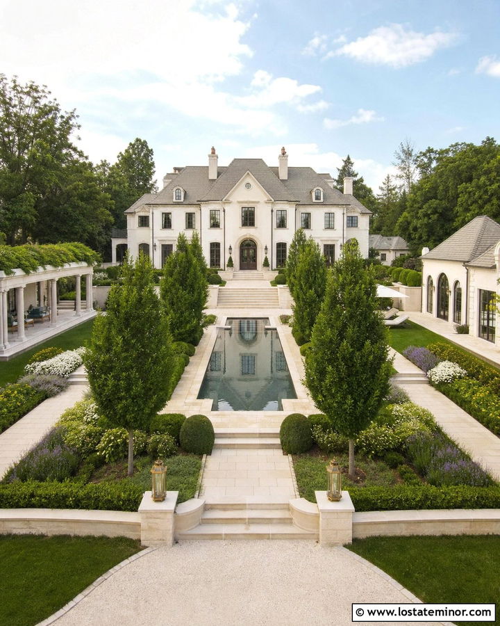Warm White Estate House With Formal Garden - 30 Warm White House Design With Backyard Ideas