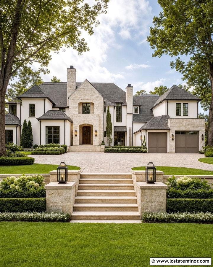 Warm White Estate House With Limestone Wings - 30 Warm White House Design With Stone Accents Ideas