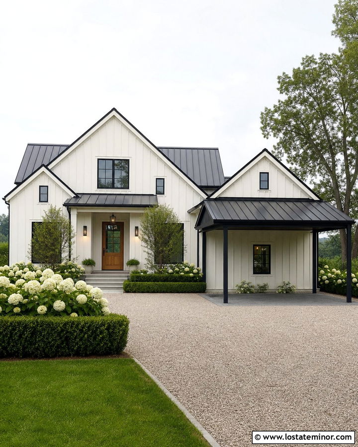 Warm White Farmhouse With Black Carport - 30 Warm White House Design With Carport Ideas