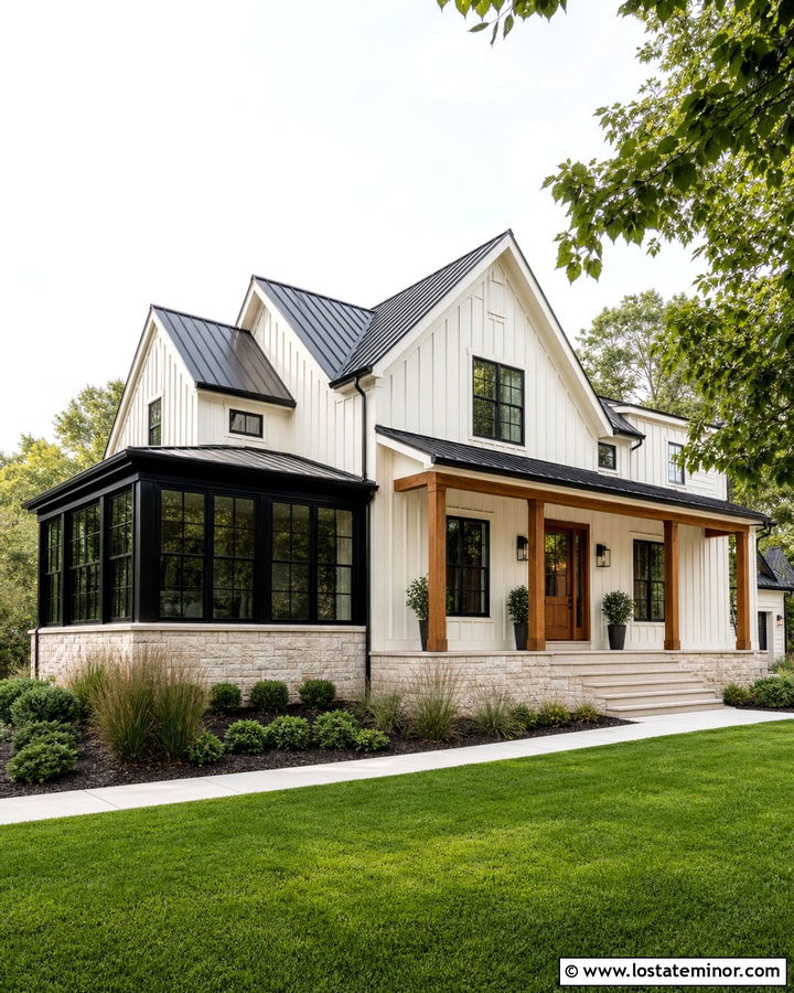 Warm White Farmhouse With Black Framed Sunroom - 30 Warm White House Design With Sunroom Ideas