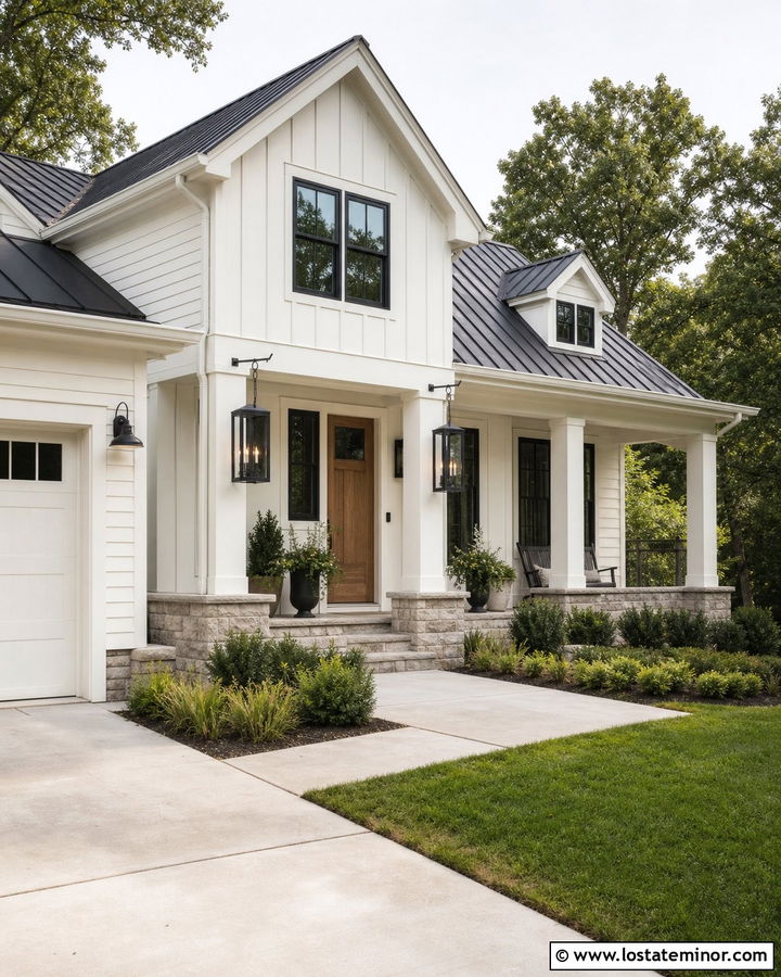 Warm White Farmhouse With Black Lanterns - 30 Warm White House Design With Light Fixtures Ideas