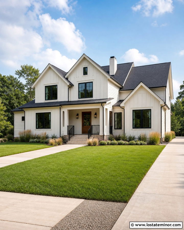 Warm White Farmhouse With Black Metal Railings - 30 Warm White House Design With Railings Ideas