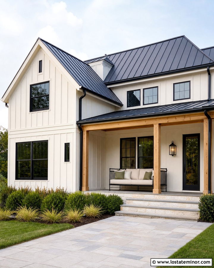 Warm White Farmhouse With Black Porch Daybed - 30 Warm White House Design With Daybed Ideas