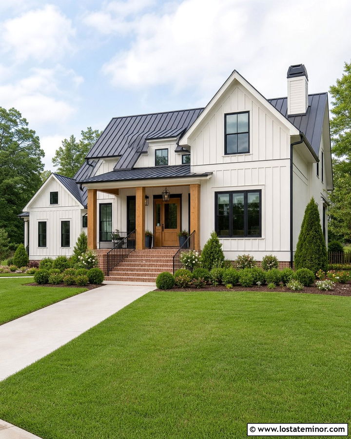 Warm White Farmhouse With Brick Steps - 30 Warm White House Design With Steps Ideas