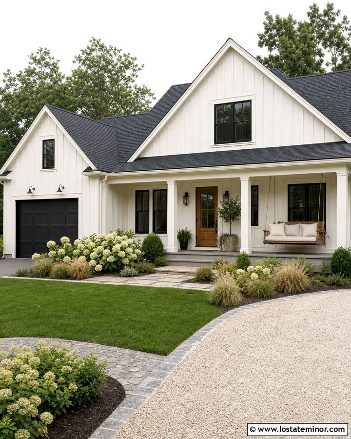 Warm White Farmhouse With Cedar Porch Swing - 30 Warm White House Design With Swing Ideas