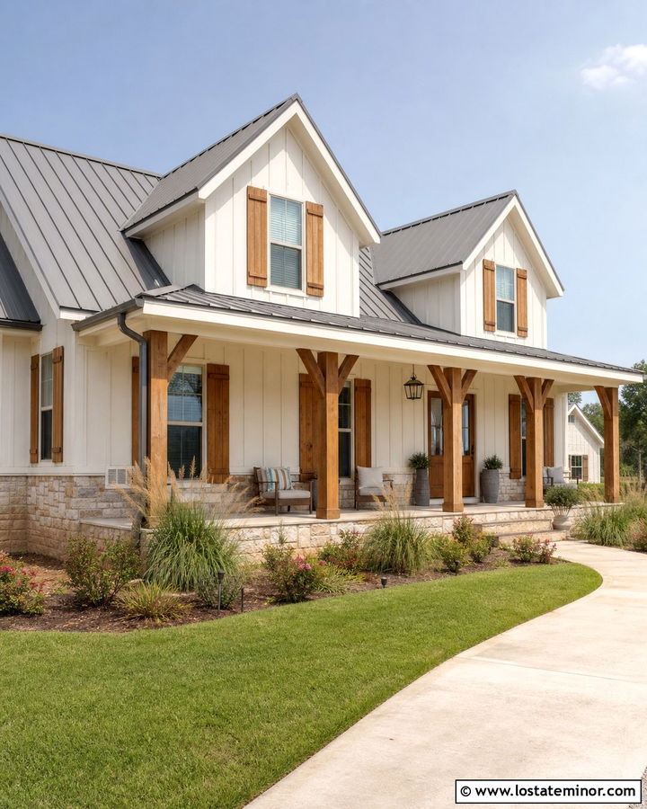 Warm White Farmhouse With Cedar Shutters - 30 Warm White House Design With Shutters Ideas