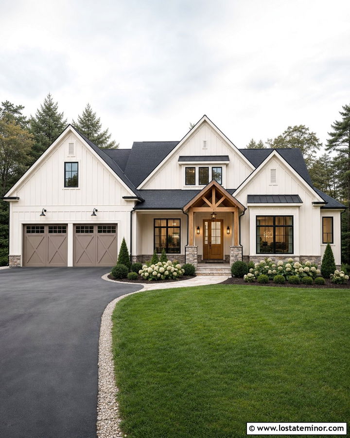Warm White Farmhouse With Crossbuck Garage Doors - 30 Warm White House Design With Garage Door Ideas