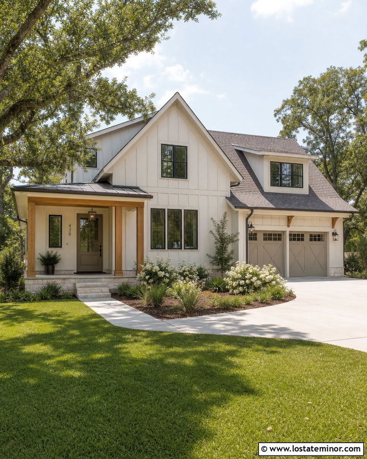 Warm White Farmhouse With Greige Front Door - 30 Warm White House Design With Front Door Ideas