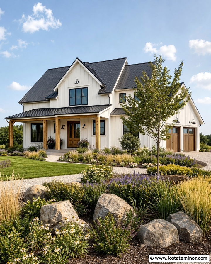 Warm White Farmhouse With Native Grass Front Yard - 30 Warm White House Design With Front Yard Ideas