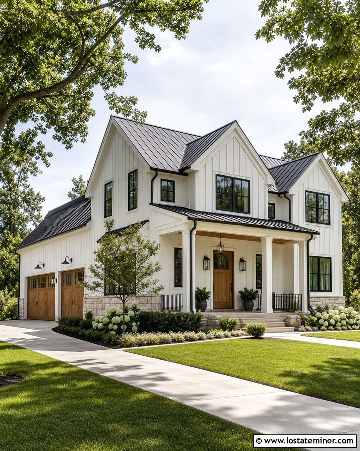 Warm White Farmhouse With Natural Wood Front Door - 30 Warm White House Design With Front Door Ideas