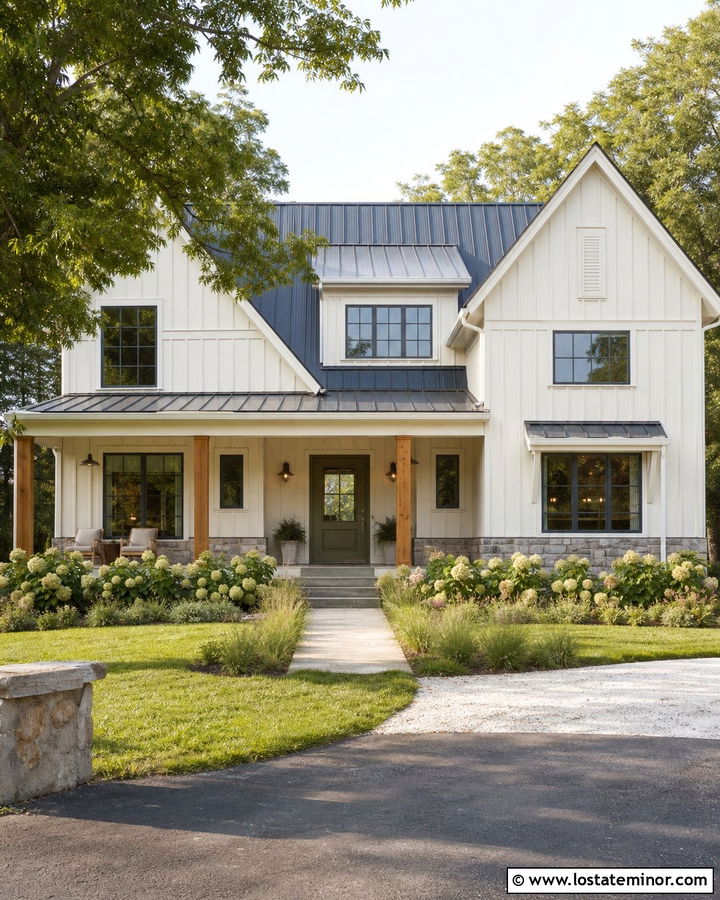 Warm White Farmhouse With Olive Green Front Door - 30 Warm White House Design With Front Door Ideas