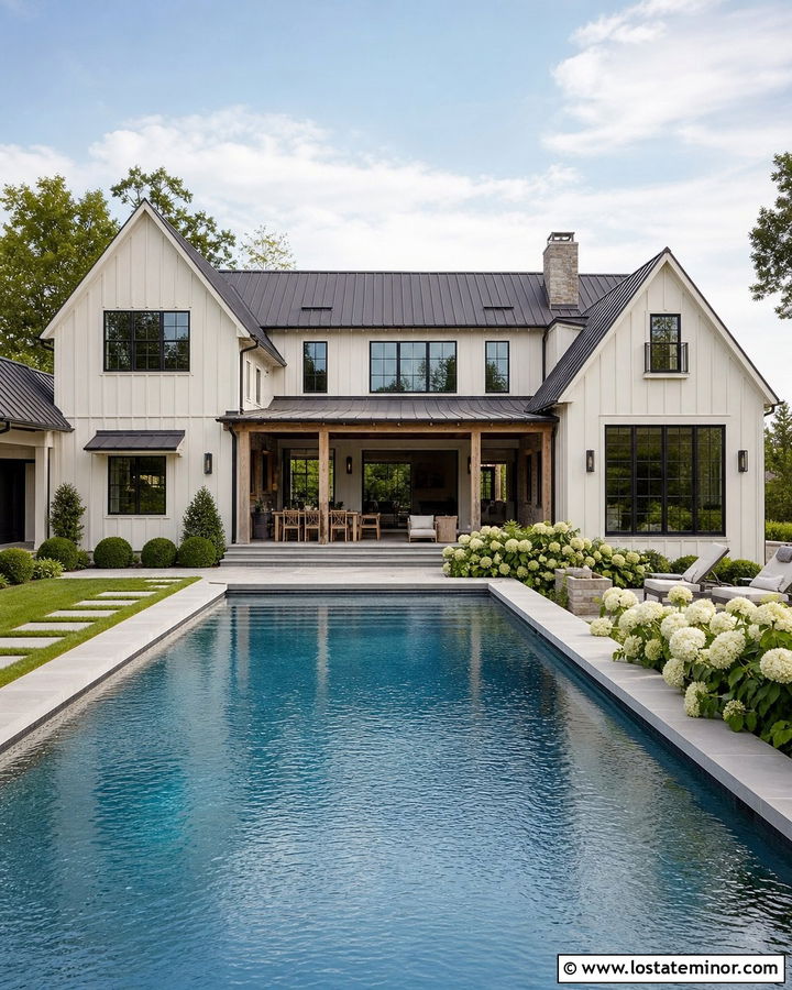 Warm White Farmhouse With Pool And Covered Porch - 30 Warm White House Design With Swimming Pool Ideas