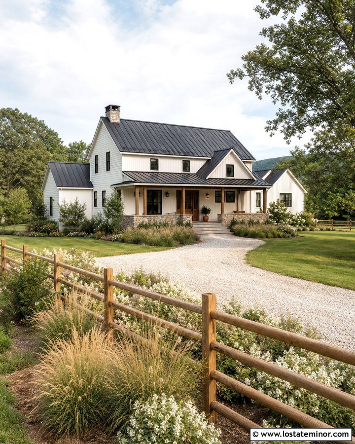 Warm White Farmhouse With Post And Rail Fence - 30 Warm White House Design With Fence Ideas