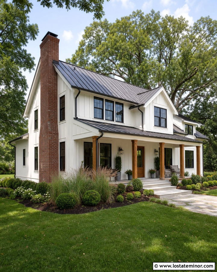 Warm White Farmhouse With Red Brick Chimney - 30 Warm White House Design With Chimney Ideas
