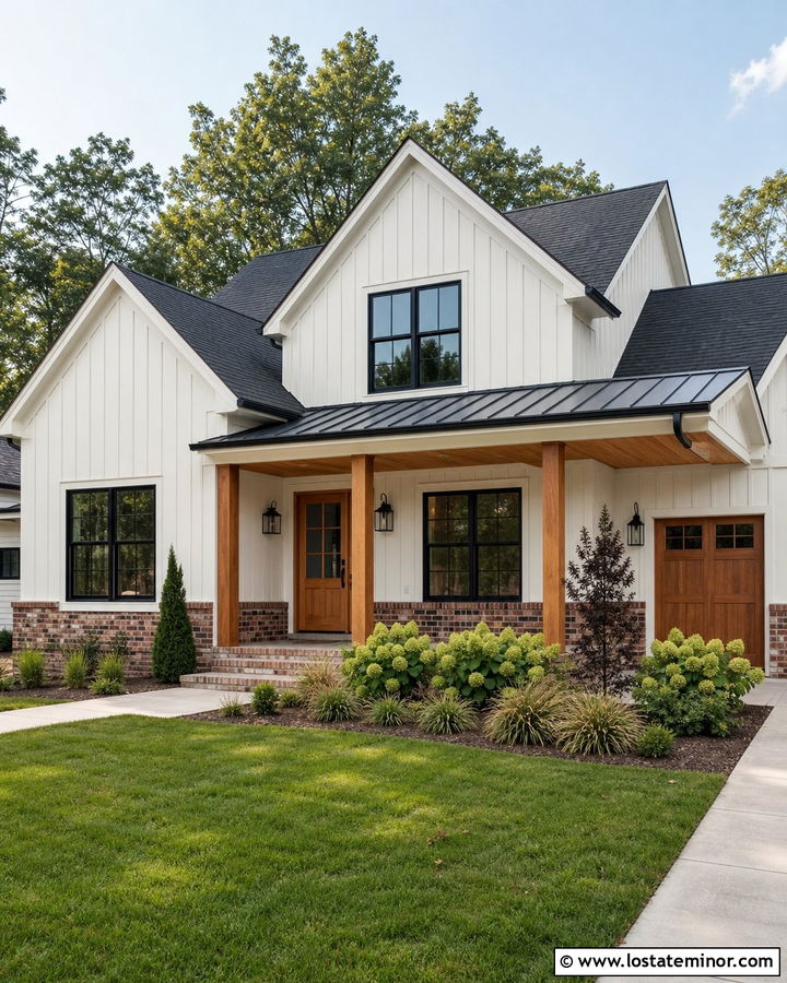 Warm White Farmhouse With Red Brick Skirt - 30 Warm White House Design With Brick Accents Ideas