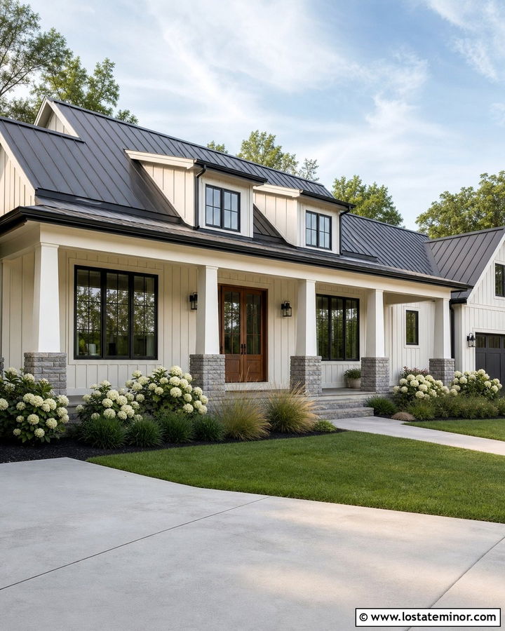 Warm White Farmhouse With Square Porch Columns - 30 Warm White House Design With Porch Columns Ideas