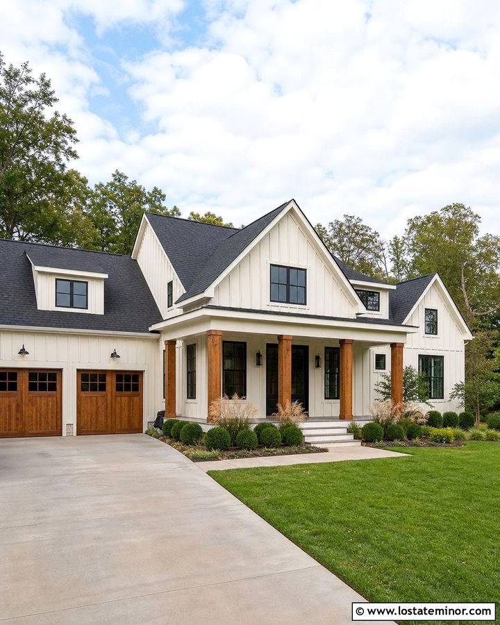 Warm White Farmhouse With Straight Concrete Driveway - 30 Warm White House Design With Driveway Ideas