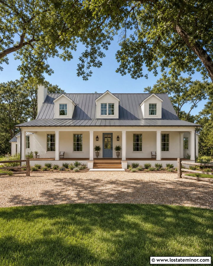 Warm White Farmhouse With Tin Roof Dormers - 30 Warm White House Design With Dormers Ideas