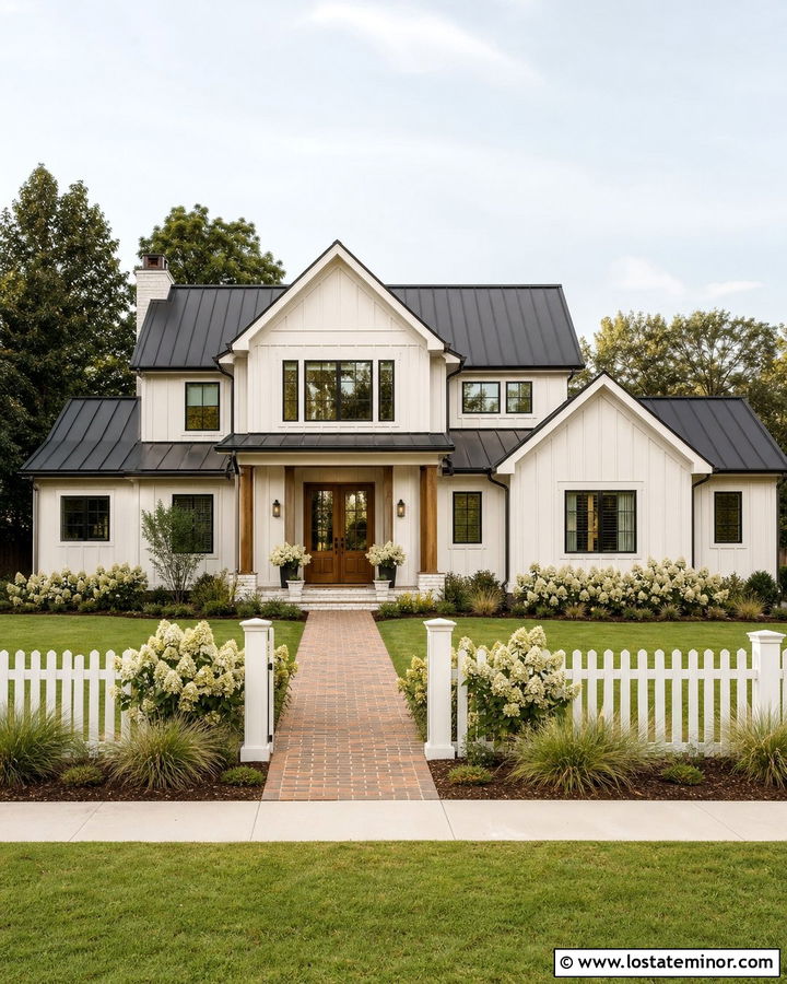 Warm White Farmhouse With White Picket Fence - 30 Warm White House Design With Fence Ideas