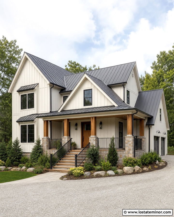 Warm White Farmhouse With Wood And Stone Steps - 30 Warm White House Design With Steps Ideas