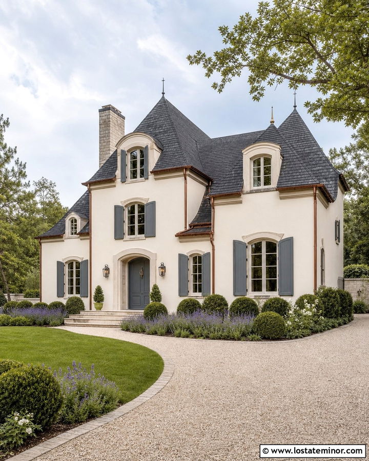Warm White French Country House With Blue Gray Front Door - 30 Warm White House Design With Front Door Ideas