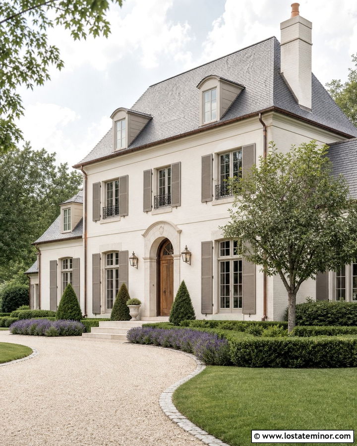 Warm White French Country House With Brass Lanterns - 30 Warm White House Design With Light Fixtures Ideas