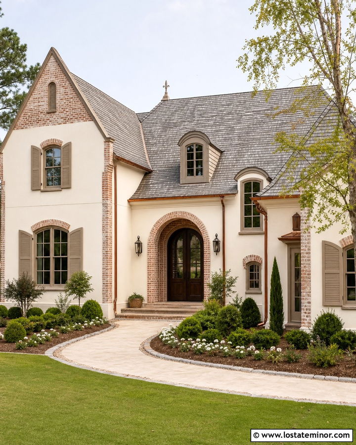 Warm White French Country House With Brick Gables - 30 Warm White House Design With Brick Accents Ideas