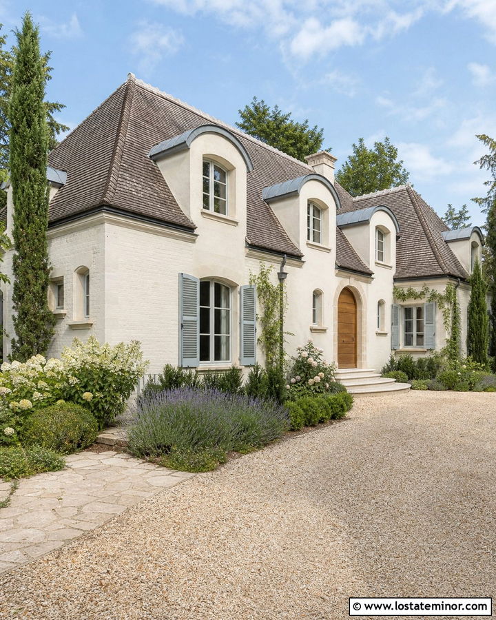 Warm White French Country House With Curved Dormers - 30 Warm White House Design With Dormers Ideas