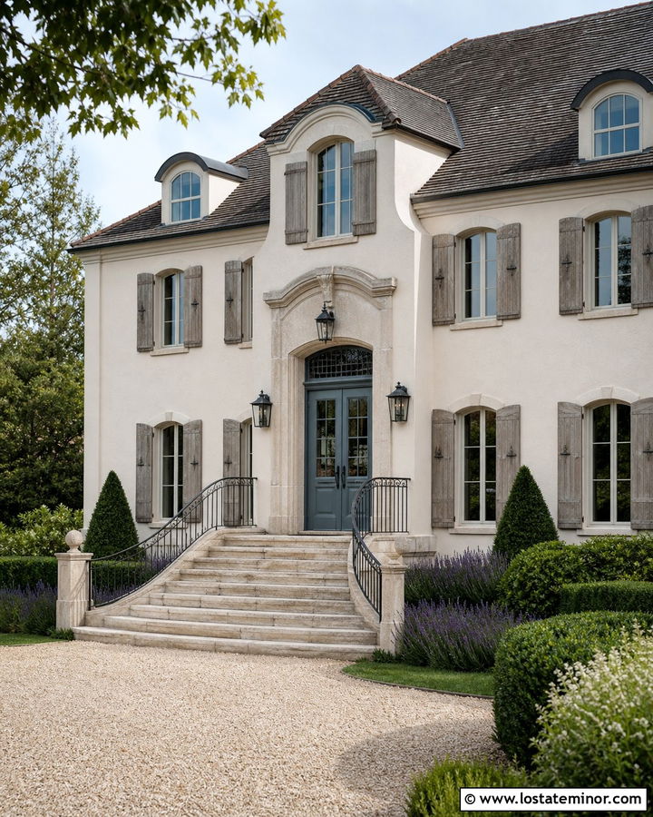 Warm White French Country House With Curved Railings - 30 Warm White House Design With Railings Ideas