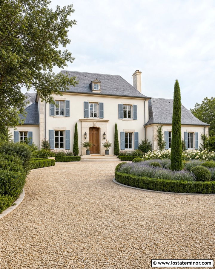 Warm White French Country House With Gravel Driveway - 30 Warm White House Design With Driveway Ideas