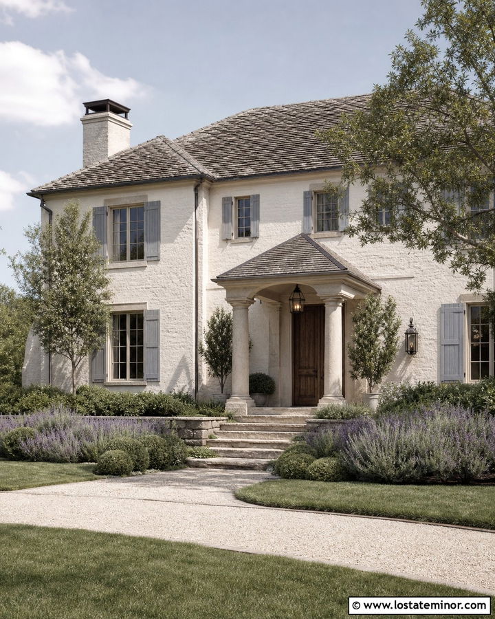 Warm White French Country House With Hipped Portico - 30 Warm White House Design With Portico Ideas