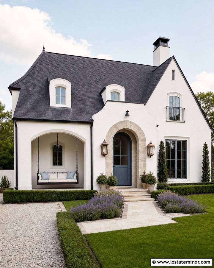 Warm White French Country House With Iron Swing - 30 Warm White House Design With Swing Ideas